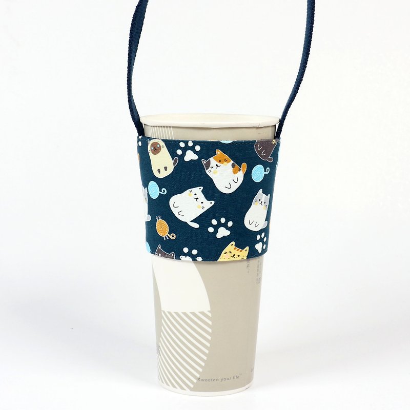 Beverage Cup Holder Eco-friendly Cup Holder Bag-Yuanyuan Cat - ถุงใส่กระติกนำ้ - ผ้าฝ้าย/ผ้าลินิน สีน้ำเงิน