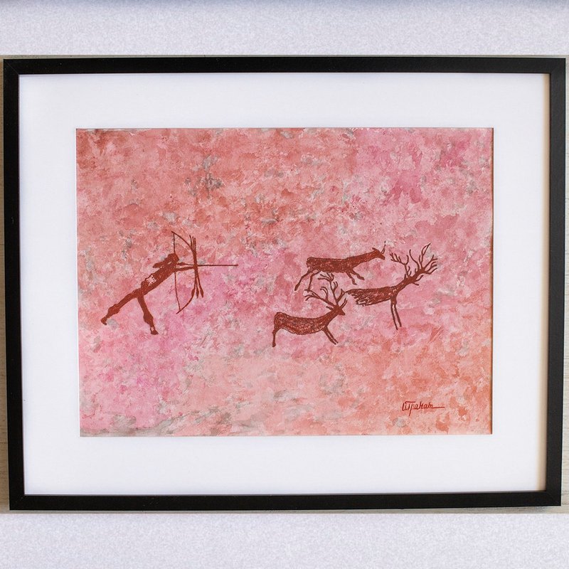 Deer hunting painting interior Prehistoric art Watercolor end pastel drawing - 海報/掛畫/掛布 - 紙 紅色