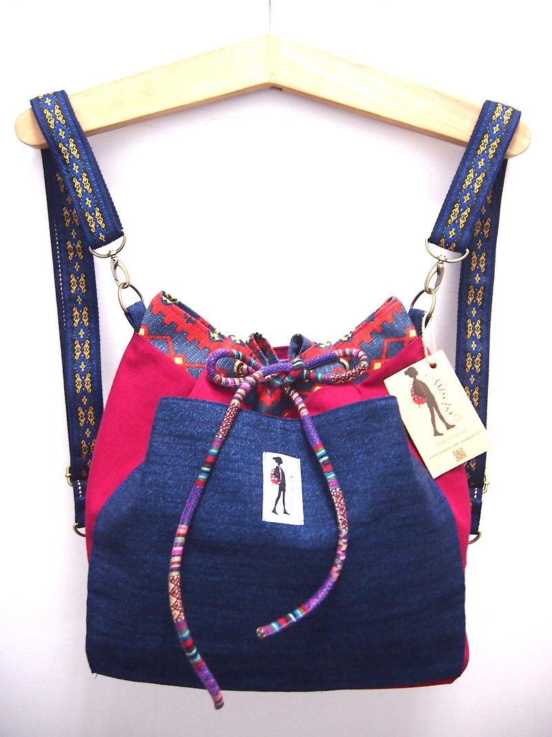[Missbao Hands Square] Taiwan aborigines with three double-sided ﹝ ﹞ wealthy back / hatchback / shoulder / back-sided inside and outside - Backpacks - Cotton & Hemp Blue