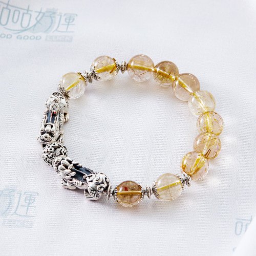 【金・財運アップ】希少！ルチル貔貅⭐️ブレスレット 金運アップ キャツアブラックサンストーン貔貅さん プラチナ