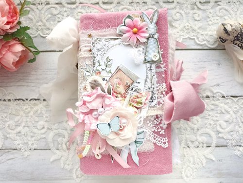 junkjournals Pink lace flower garden junk journal handmade Shabby chic butterfly notebook