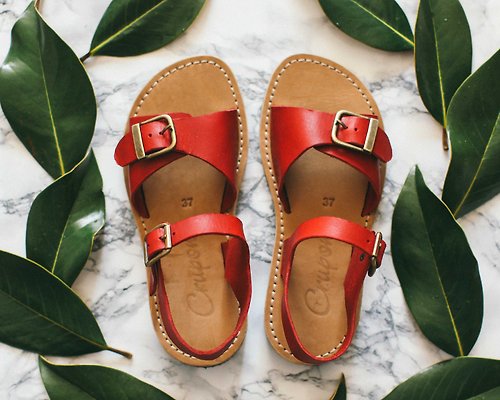 Crupon 紅色皮革涼鞋、夏季鞋、可定制涼鞋、腳形較寬、腳形較窄