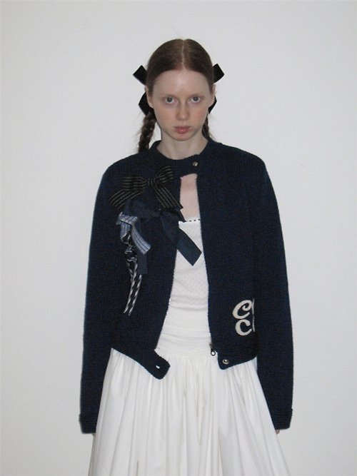 Chic Chick 藏藍色 可拆卸蝴蝶結胸針 羊毛開衫 標本裝飾拉鏈毛衣外套