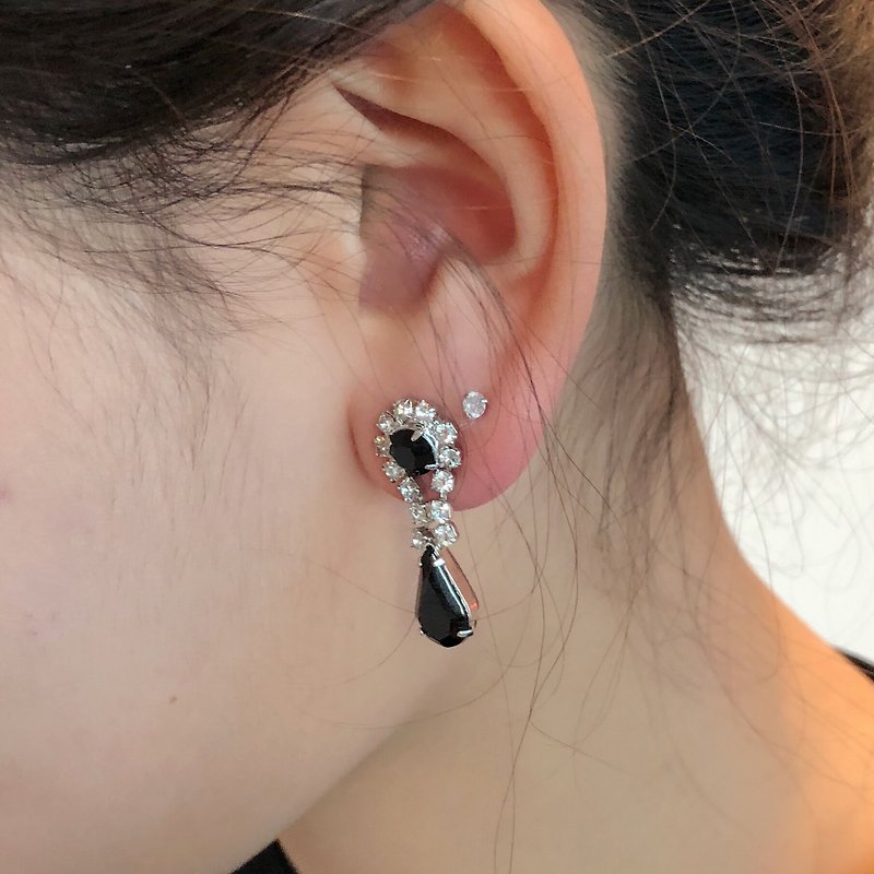 Vintage Chaton Rhinestone Crystal and Dangle Drop Earrings - ต่างหู - เงิน สีดำ