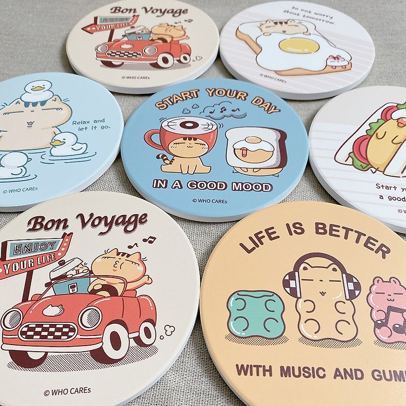Cat's inspirational sayings - Ceramic absorbent coasters - 5 types in total - Coasters - Pottery 