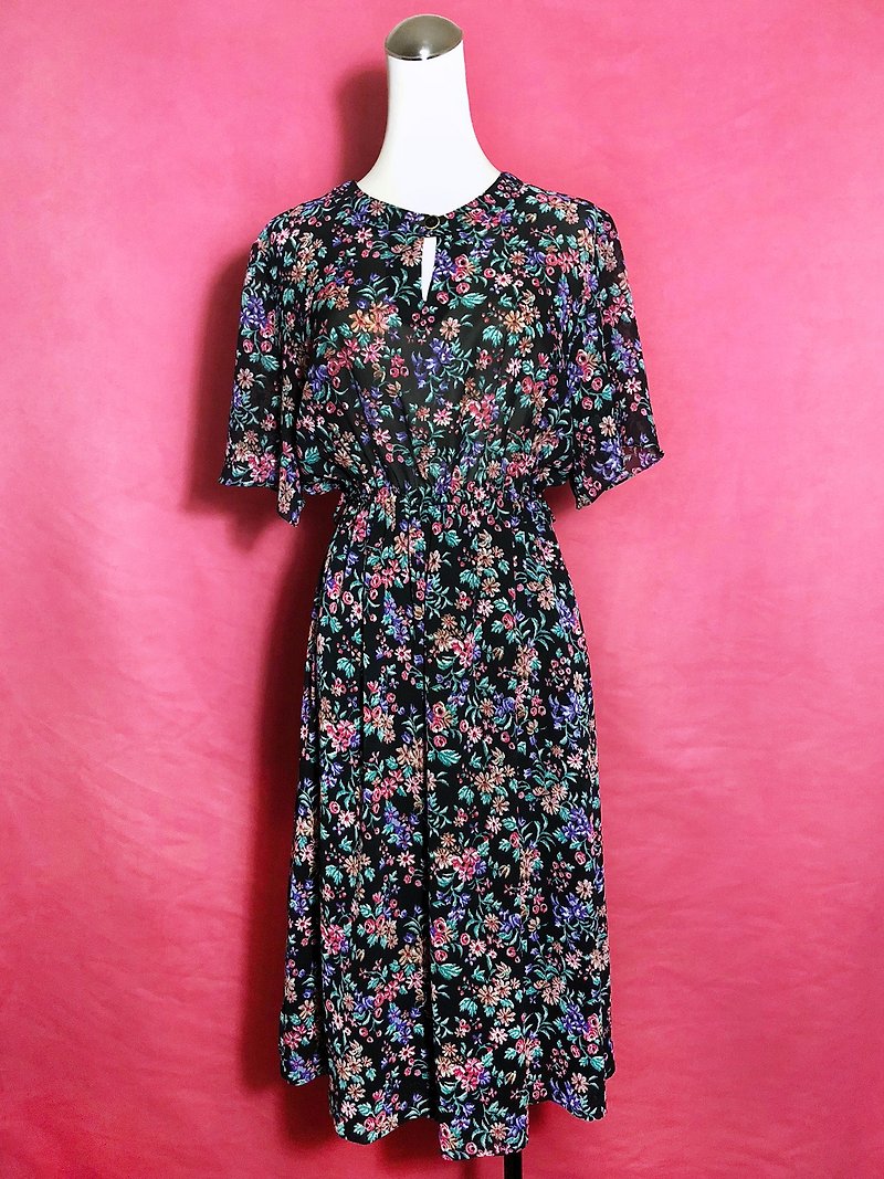 Flower chiffon short-sleeved vintage dress / brought back to VINTAGE abroad - ชุดเดรส - เส้นใยสังเคราะห์ สีดำ