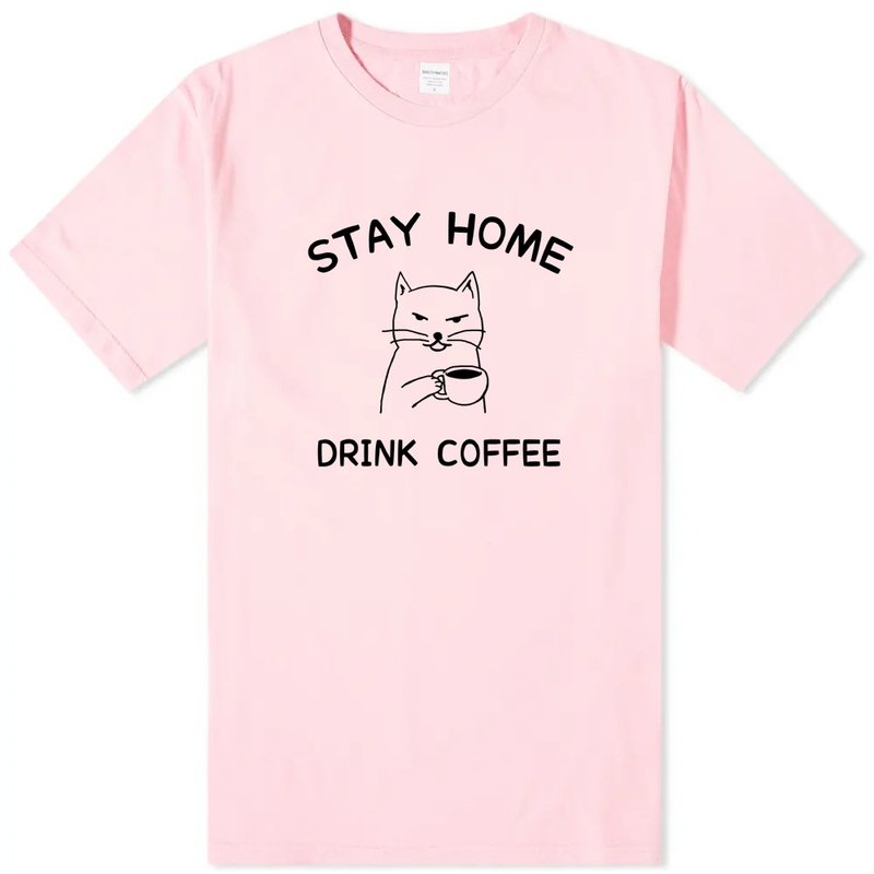 STAY HOME DRINK COFFEE 中性短袖T恤 淺粉 待在家裡喝咖啡防疫 - 女 T 恤 - 棉．麻 粉紅色