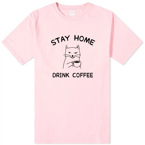 hipster STAY HOME DRINK COFFEE 中性短袖T恤 淺粉 待在家裡喝咖啡防疫