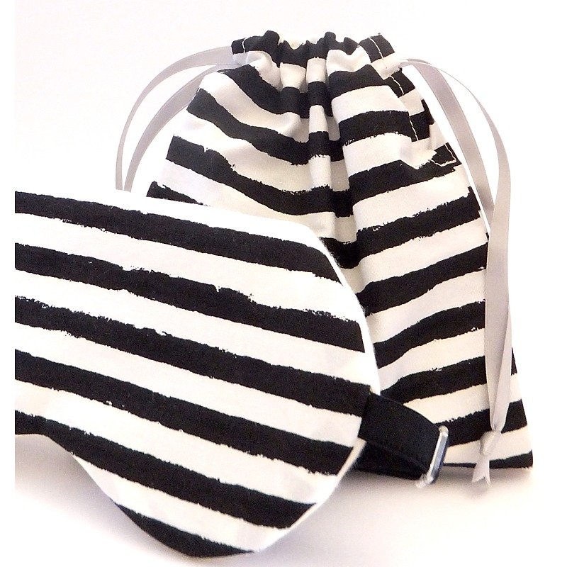 Scratched Stripe eye mask and bag pair/Black/travel/trip/vacation/sleep mask - อื่นๆ - ผ้าฝ้าย/ผ้าลินิน สีดำ
