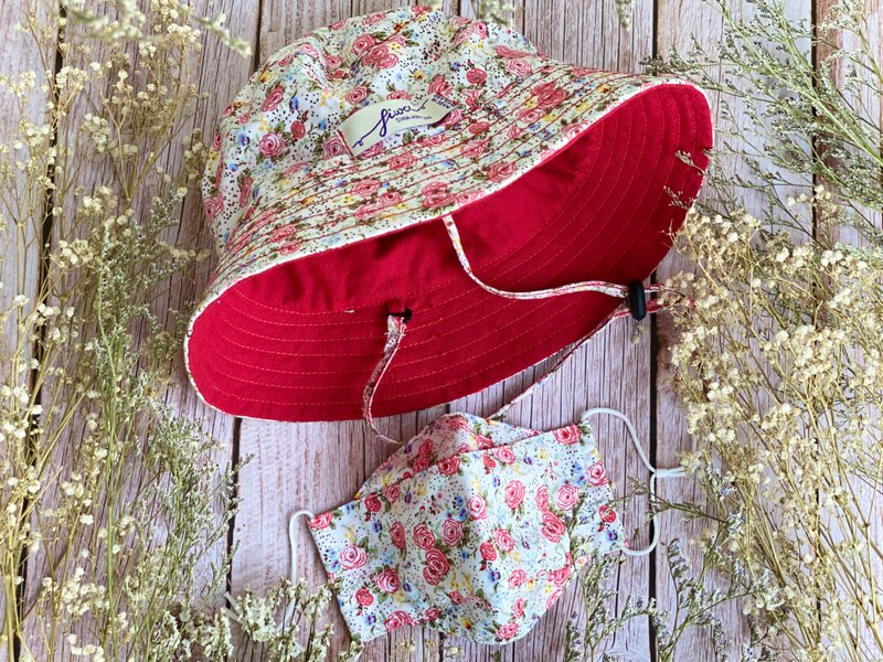 Rose & Dot Mask and Bucket Hat Set- 100% cotton -adjustable strap - LIMITED - Hats & Caps - Cotton & Hemp 