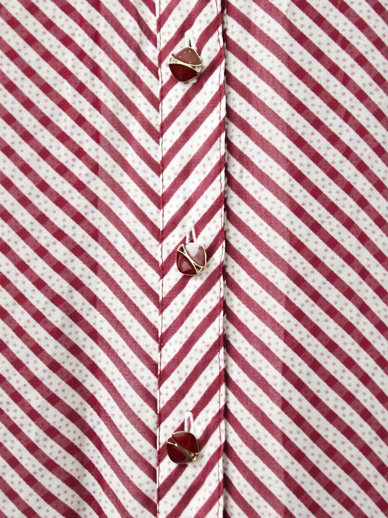 [RE0322D1020] buttons retro burgundy striped short-sleeved dress spring and summer vintage - ชุดเดรส - เส้นใยสังเคราะห์ สีแดง