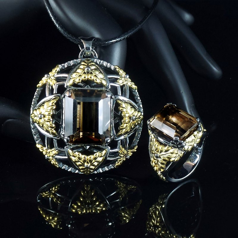 Smoky Quartz Gold Plated Silver 925 Pendant and Ring - Tree of Life - สร้อยคอ - เครื่องประดับ สีนำ้ตาล