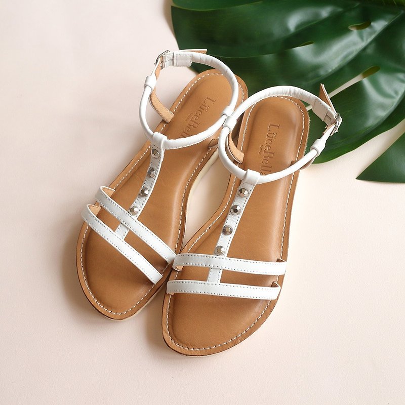【Urban layout】Flat Sandals - White - Sandals - Genuine Leather White