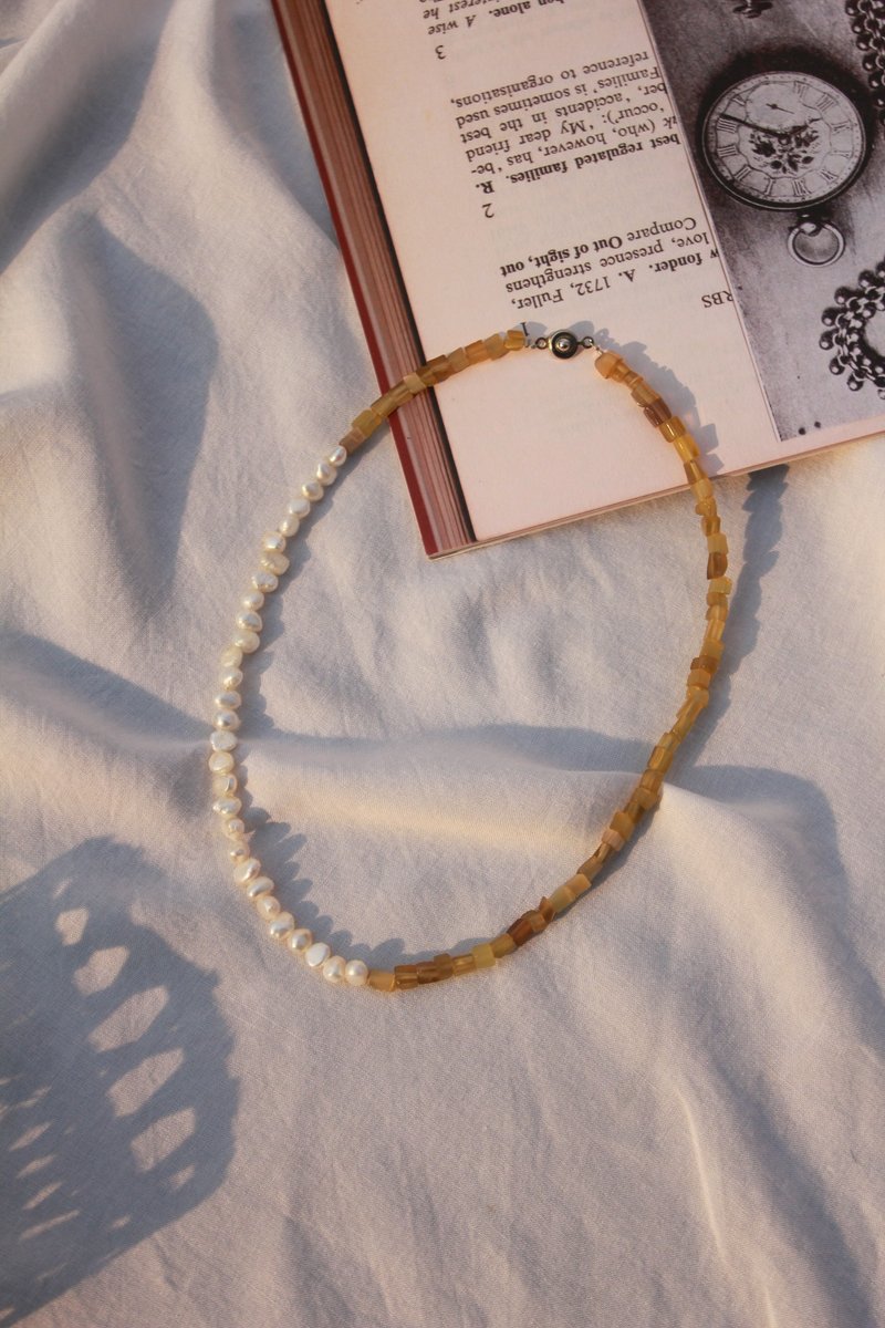 3/4 necklace ,freshwater pearl ,stone - 項鍊 - 珍珠 咖啡色