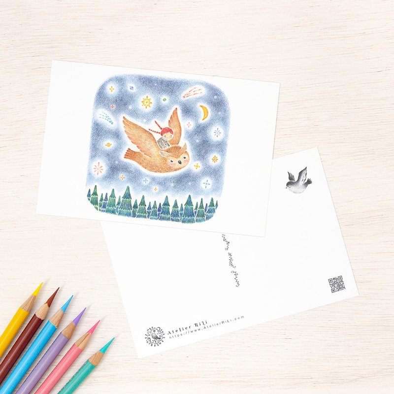 Set of 5 pieces. Like a picture book. Postcard Flying in the night sky, Owl and Girl PC-1190 - การ์ด/โปสการ์ด - กระดาษ หลากหลายสี