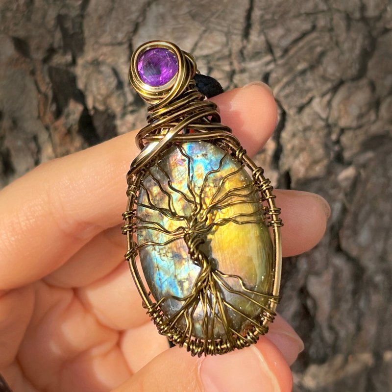 Tree of Life - Labradorite Amethyst Metal Braided Necklace Unisex Handmade Art Bronze - Necklaces - Semi-Precious Stones Yellow