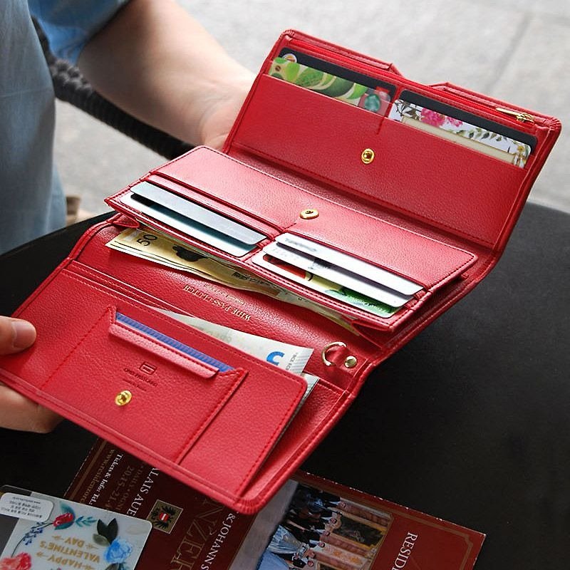 PLEPIC love affair with three fold long wallet - raspberry red, PPC93150 - กระเป๋าสตางค์ - หนังแท้ สีแดง