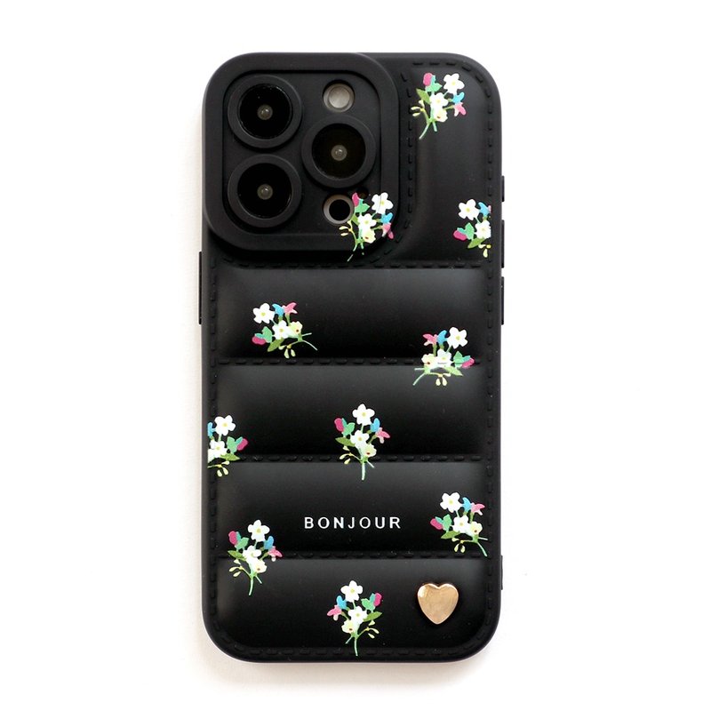 iPhone15/14/13 French black floral down three-dimensional love phone case - เคส/ซองมือถือ - พลาสติก สีดำ