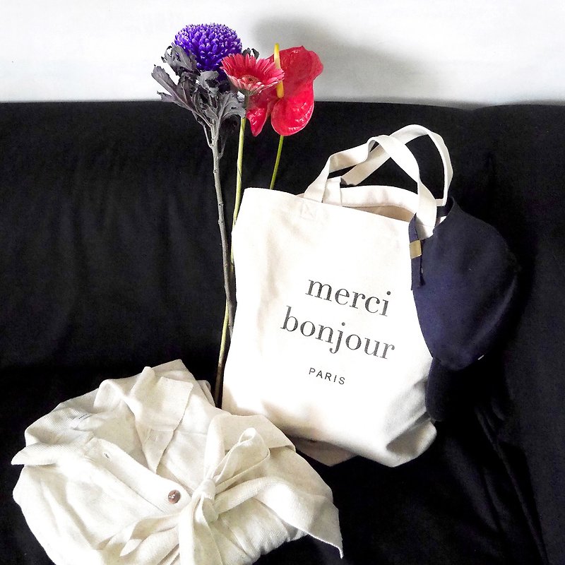 Paris bonjour large canvas bag - กระเป๋าถือ - ผ้าฝ้าย/ผ้าลินิน สีกากี