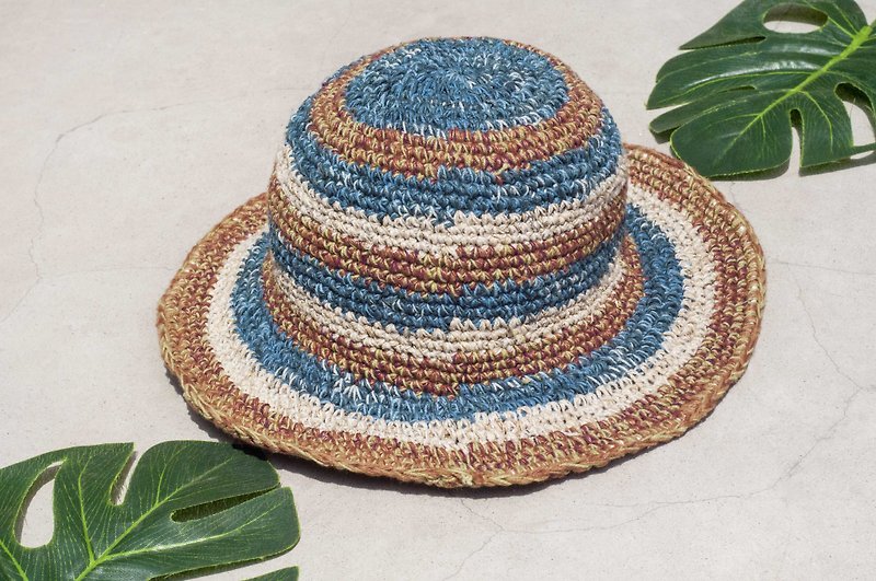手工編織棉麻帽 編織帽 漁夫帽 遮陽帽 草帽 - 南美條紋 藍莓咖啡 - 帽子 - 棉．麻 多色