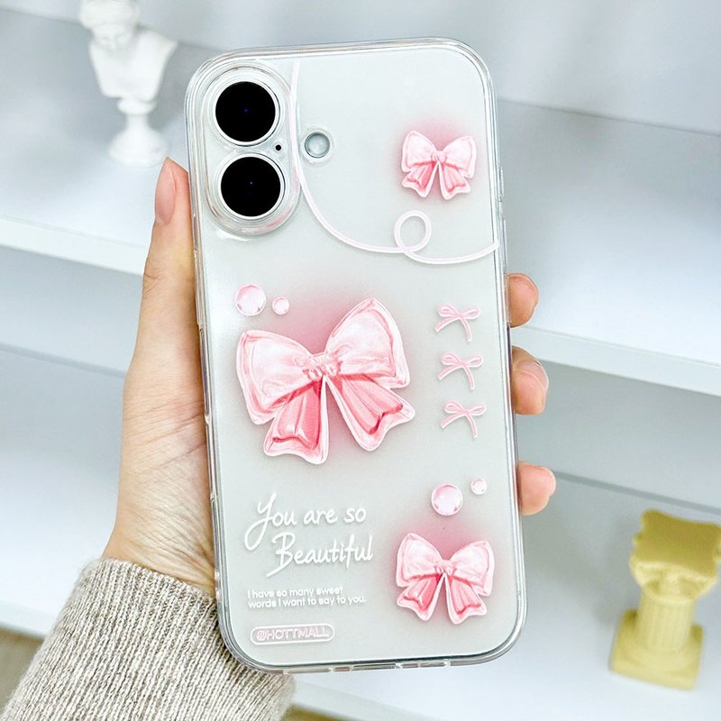 iPhone 16/15/14/13/12/11/XS/XR/7/8/SE2/SE3 Pink ribbon Transparent Phone Case - เคส/ซองมือถือ - พลาสติก หลากหลายสี