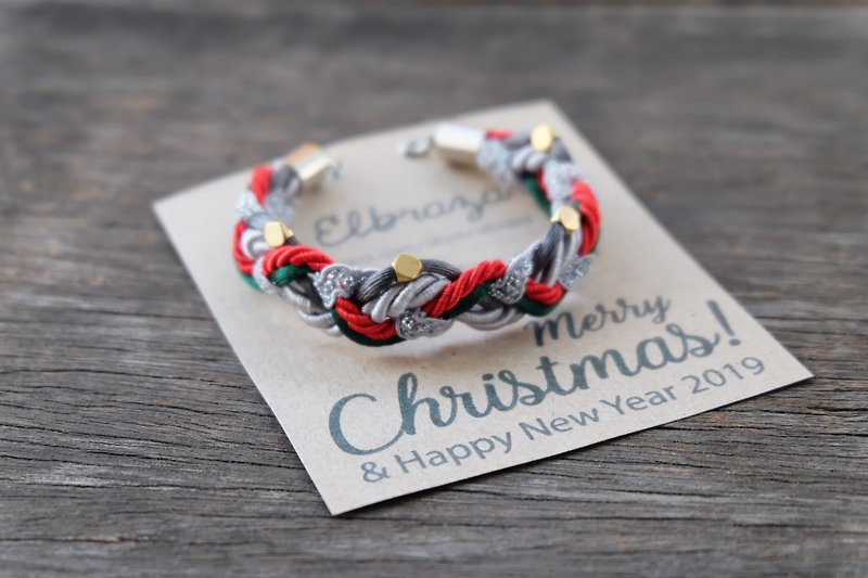 Christmas braided bracelet in red green charcoal light gray - Christmas bracelet - 手鍊/手鐲 - 其他材質 灰色