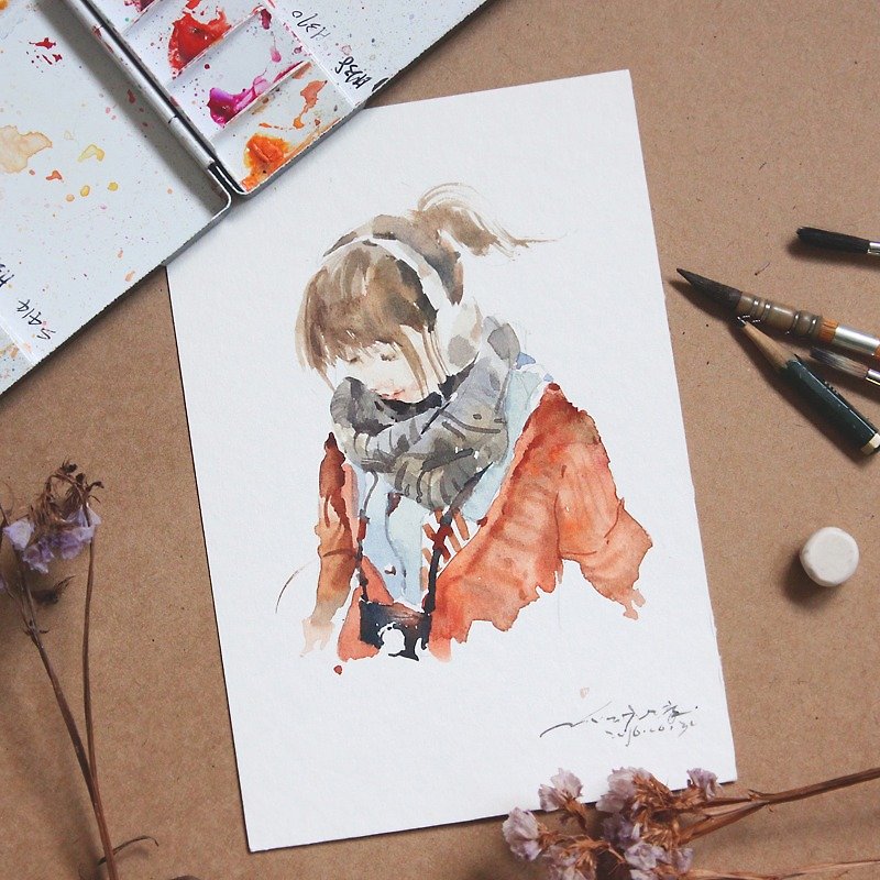Japanese watercolor hand-painted custom portraits - Customized Portraits - Paper Red