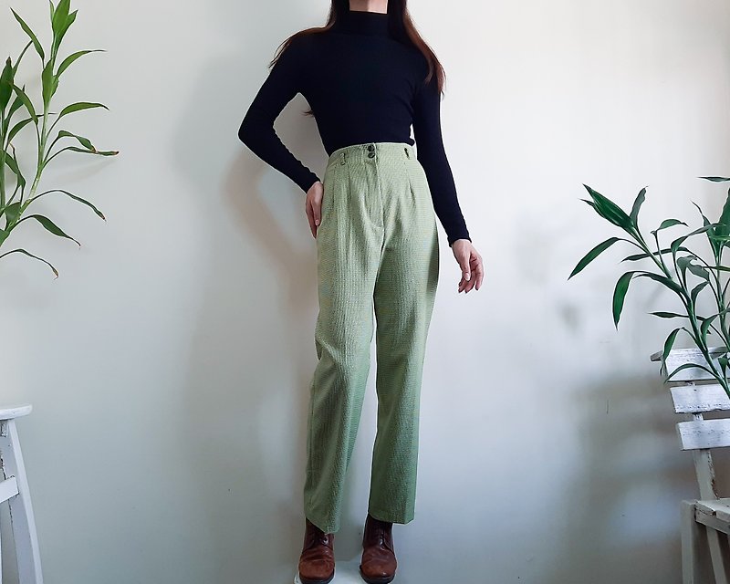 復古 1970 年代綠色千鳥格高腰褲 S 碼腰圍 26 至 27 英寸 - 闊腳褲/長褲 - 聚酯纖維 綠色
