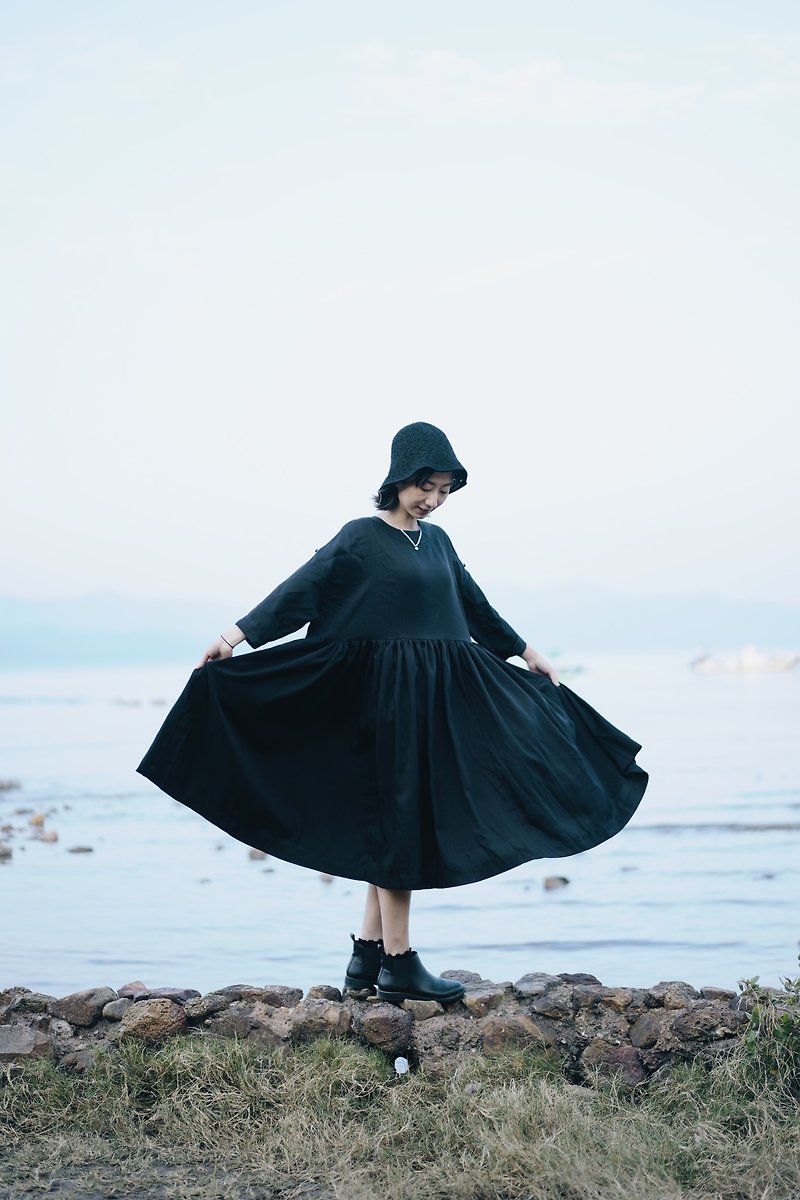 Camille 日系長短袖二合一連身裙 深黑色 | 四季合適 - 洋裝/連身裙 - 聚酯纖維 黑色
