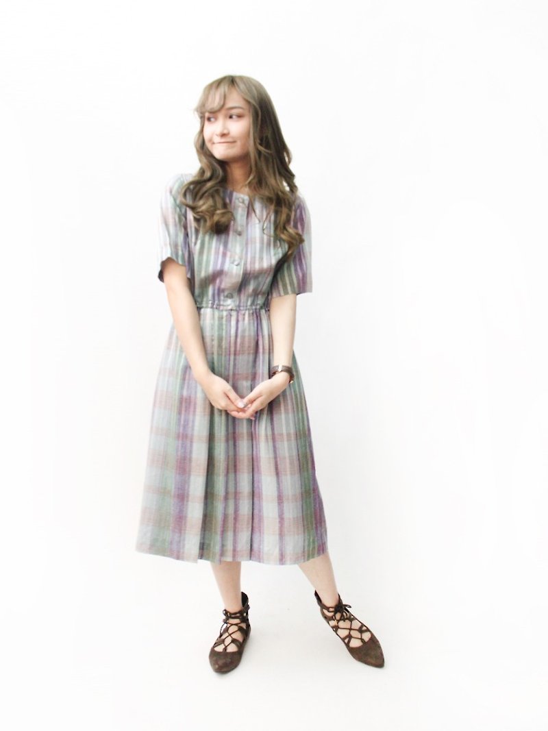 【RE1004D1438】 early autumn Japanese system retro gray purple green striped short-sleeved ancient dress - One Piece Dresses - Polyester Purple