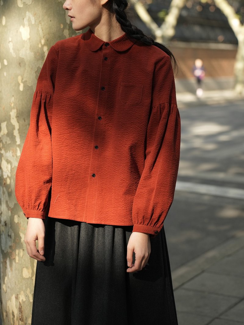 Retro washed striped corduroy small round neck age-reducing lantern long sleeves autumn and winter - Women's Tops - Cotton & Hemp Orange