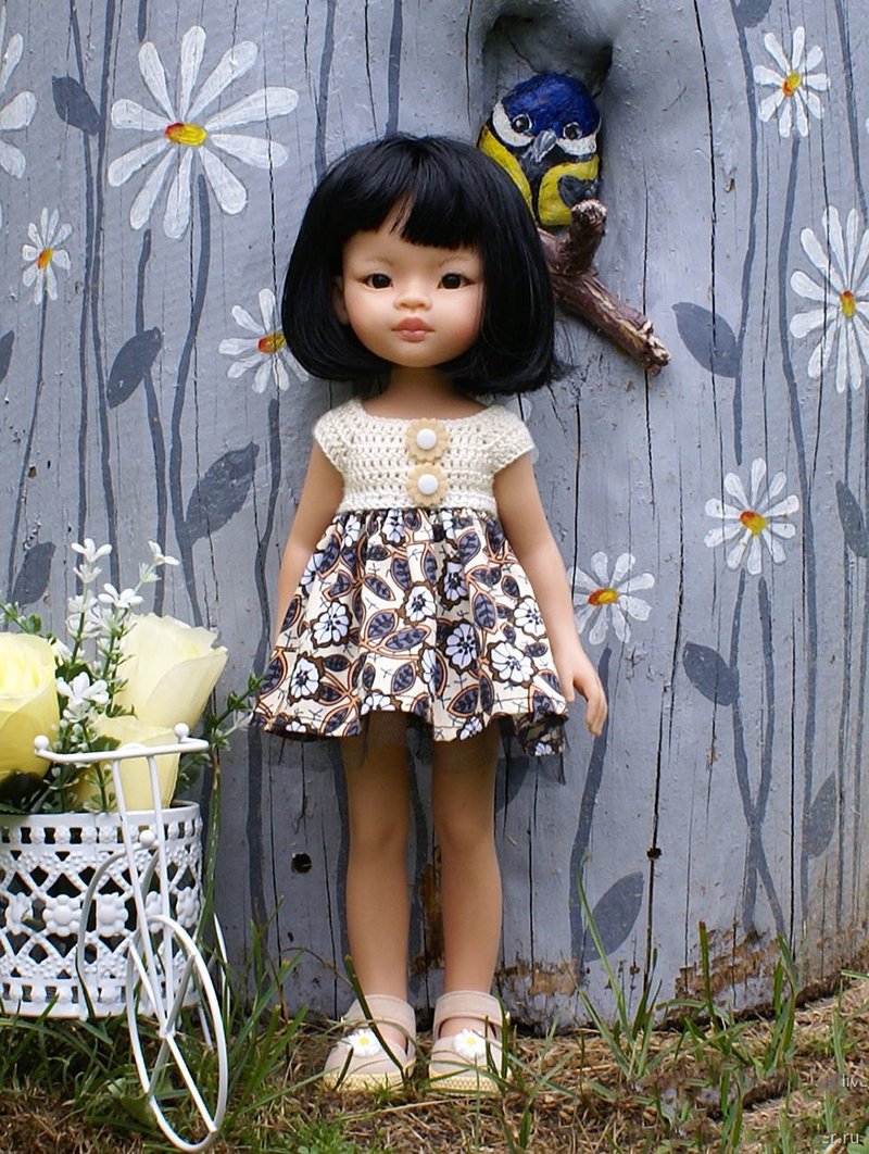 Paola Reina floral beige with brown dress, dress for Las Amigas 32 cm 13in doll - ตุ๊กตา - ผ้าฝ้าย/ผ้าลินิน สีนำ้ตาล