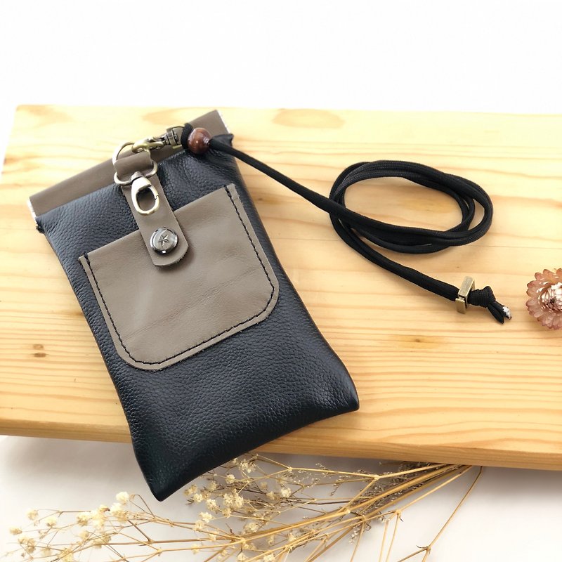 Splicing shrapnel multi-function mobile phone bag --- mobile phone set / earphone / card / slanting back phone bag - Phone Cases - Genuine Leather Black