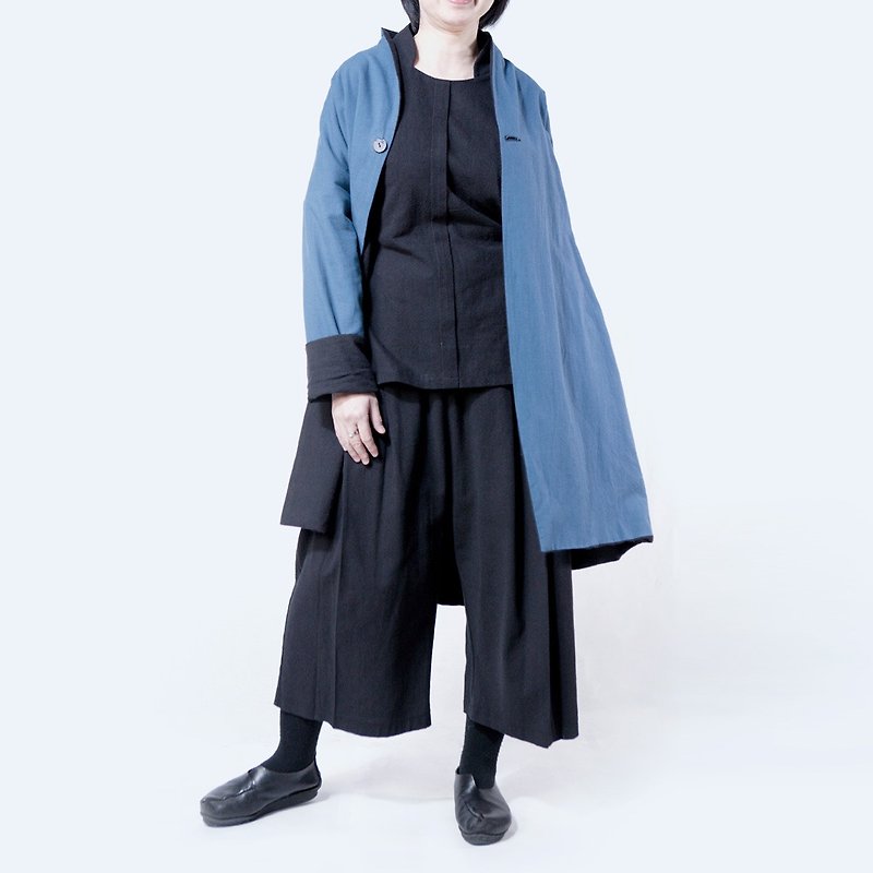 DOUBLE-SIDED COAT- Embossing ramie cotton fabric, Color: Japanese blue - เสื้อแจ็คเก็ต - ผ้าฝ้าย/ผ้าลินิน 
