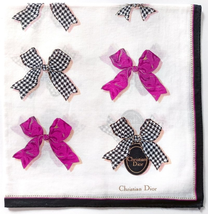 Christian Dior Vintage Handkerchief Pink Black Ribbon 19 x 18.5 inches - 手帕 - 棉．麻 紅色