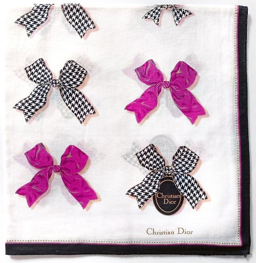 orangesodapanda Christian Dior Vintage Handkerchief Pink Black Ribbon 19 x 18.5 inches