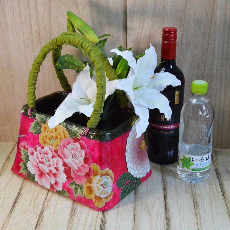一閑張/開花mini/小籠/一点物/おめでたい開花柄/巾着内袋FREE - 其他 - 紙 粉紅色