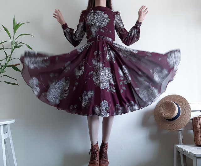 Vintage purple floral print chiffon dress 70s 80s blouson dress