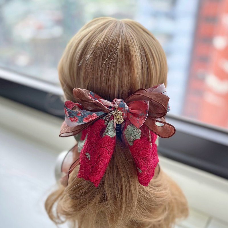 Last in stock - exclusive lace organza bow intersecting clip banana clip fairy clip hair clip - gorgeous classic - เครื่องประดับผม - วัสดุอื่นๆ สีแดง