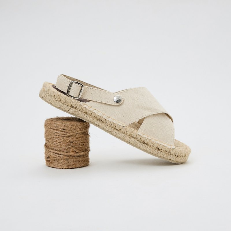 One Shoe  Handmade in Taiwan Leather Espadrilles - Sandals - Cotton & Hemp White