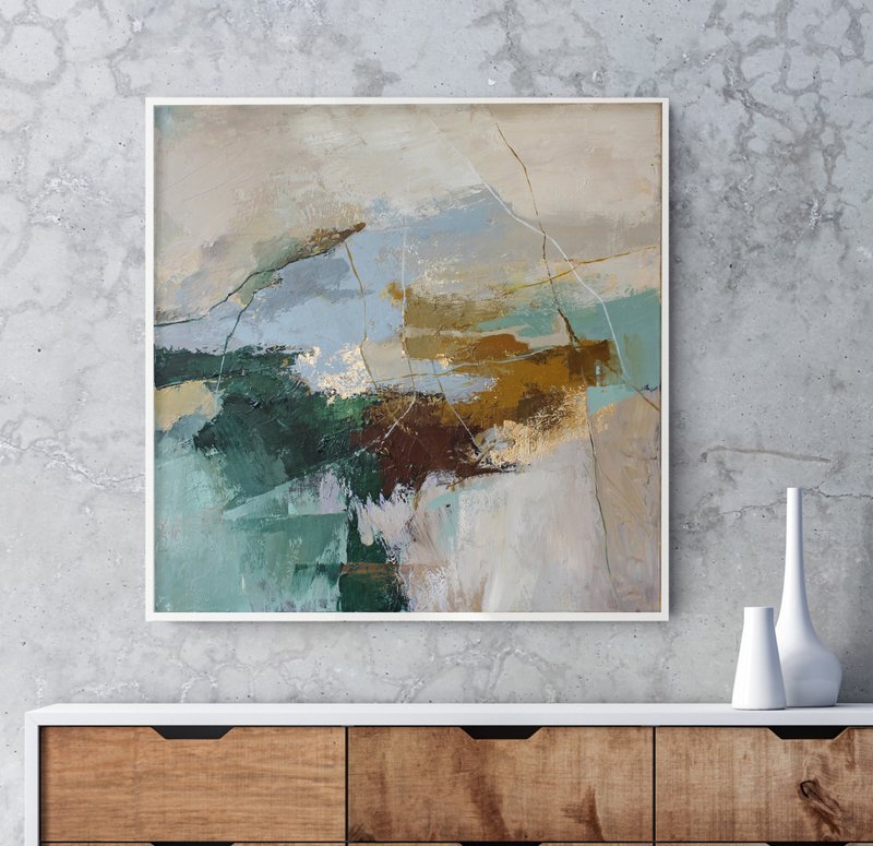 Green Abstract Painting | Green Gray Painting | Green Abstract Wall Art |Iceland - 壁貼/牆壁裝飾 - 棉．麻 綠色
