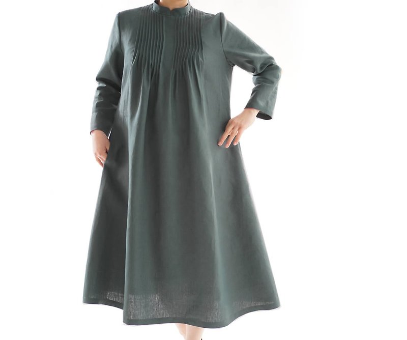 リネンワンピース ピンタック スタンドカラー ヨーロピアンクラシック /ローリエ a81-4 - 洋裝/連身裙 - 棉．麻 綠色