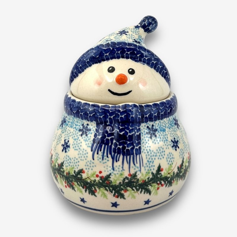 Polish hand-painted handmade pottery-Snowman storage jar (small) 15cm blue Christmas series entry model - กล่องเก็บของ - ดินเผา สีน้ำเงิน