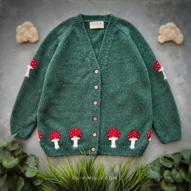 Mushrooms Adult cardigan, hand knitted cardigan with embrodery - สเวตเตอร์ผู้หญิง - ขนแกะ สีน้ำเงิน