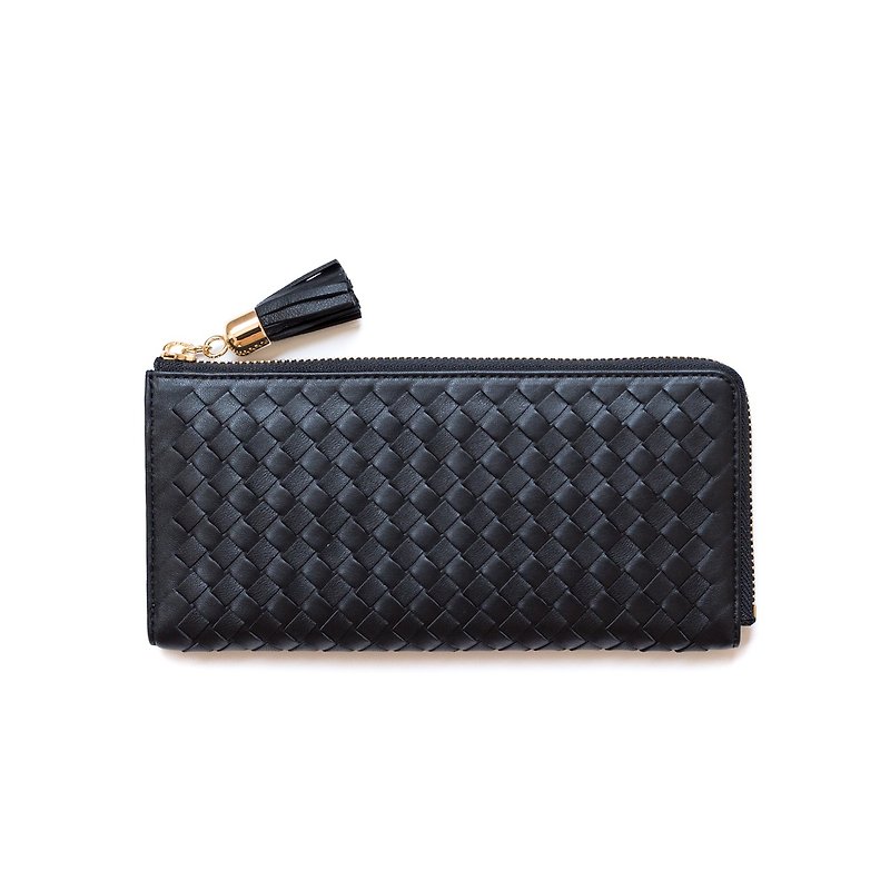 Patina leather hand-woven custom Rabi long clip - กระเป๋าสตางค์ - หนังแท้ สีดำ