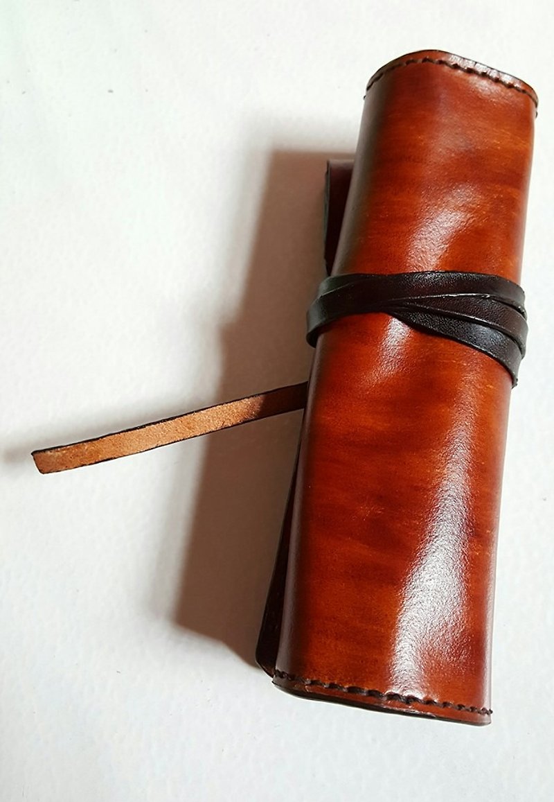 Exclusive custom dark brown + burnt tea leather rope pure cowhide pen roll-can be engraved (order-made birthday gift) - Pencil Cases - Genuine Leather Brown