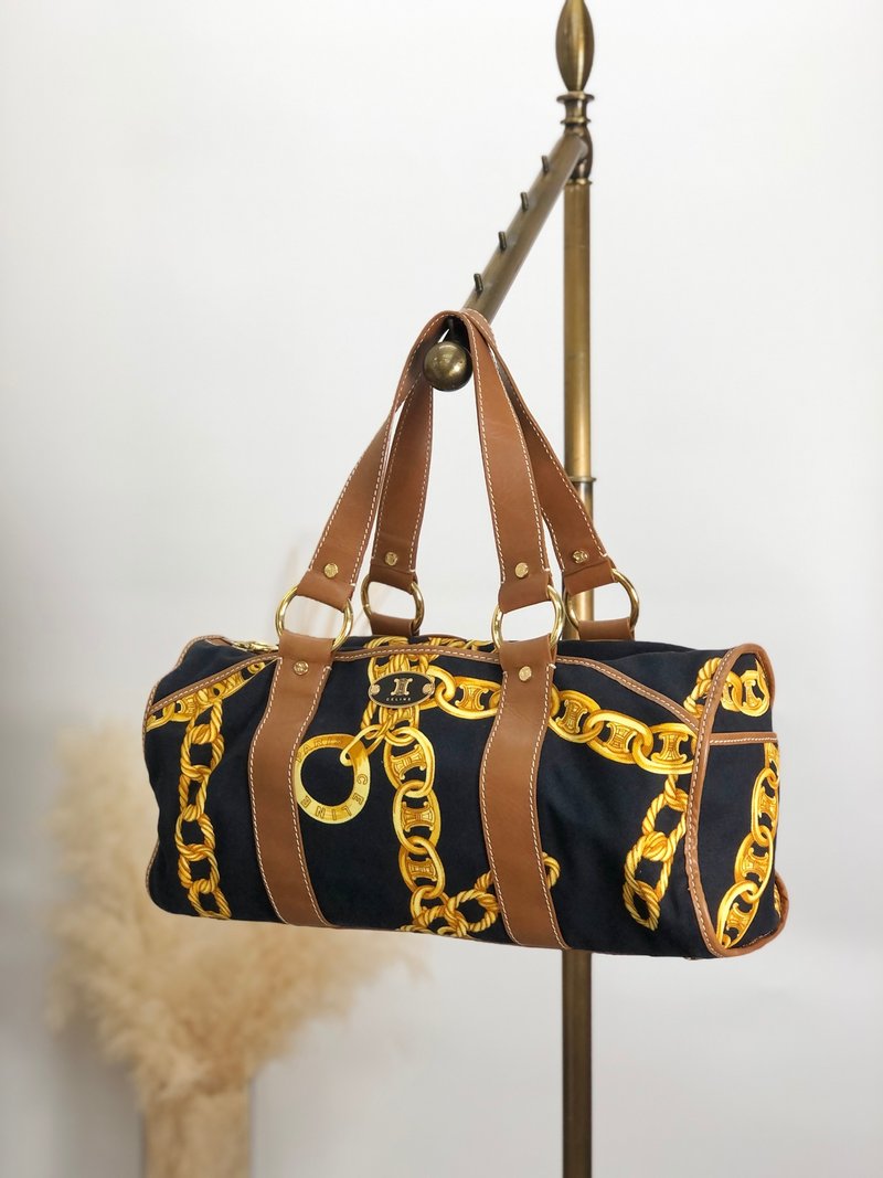 [Direct from Japan, branded used bag] CELINE Chain pattern handbag, black, yellow, canvas, leather, Boston, vintage ui7frx - กระเป๋าถือ - ผ้าฝ้าย/ผ้าลินิน สีดำ