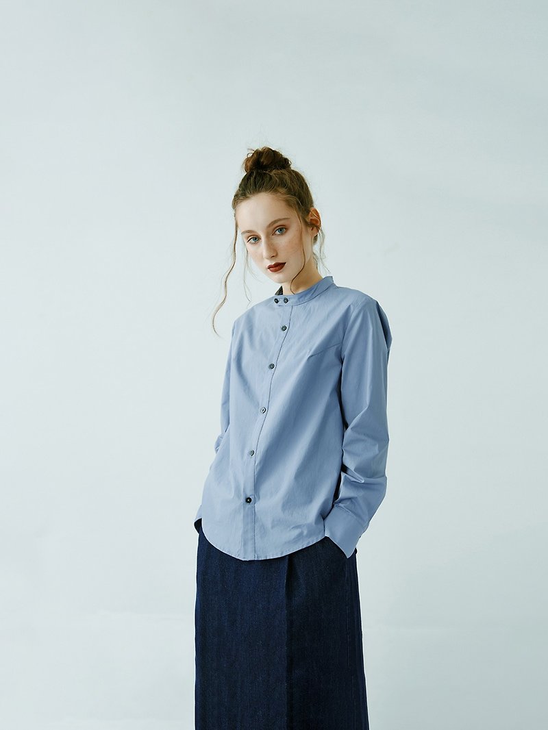 霧霾藍立領襯衫 #481 - 女襯衫 - 棉．麻 藍色