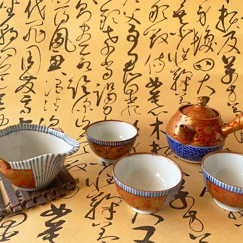 瑞文堂 日本 日式九谷燒側把壺茶器組 │ 昭和時代 陶瓷 一壺一茶海三杯