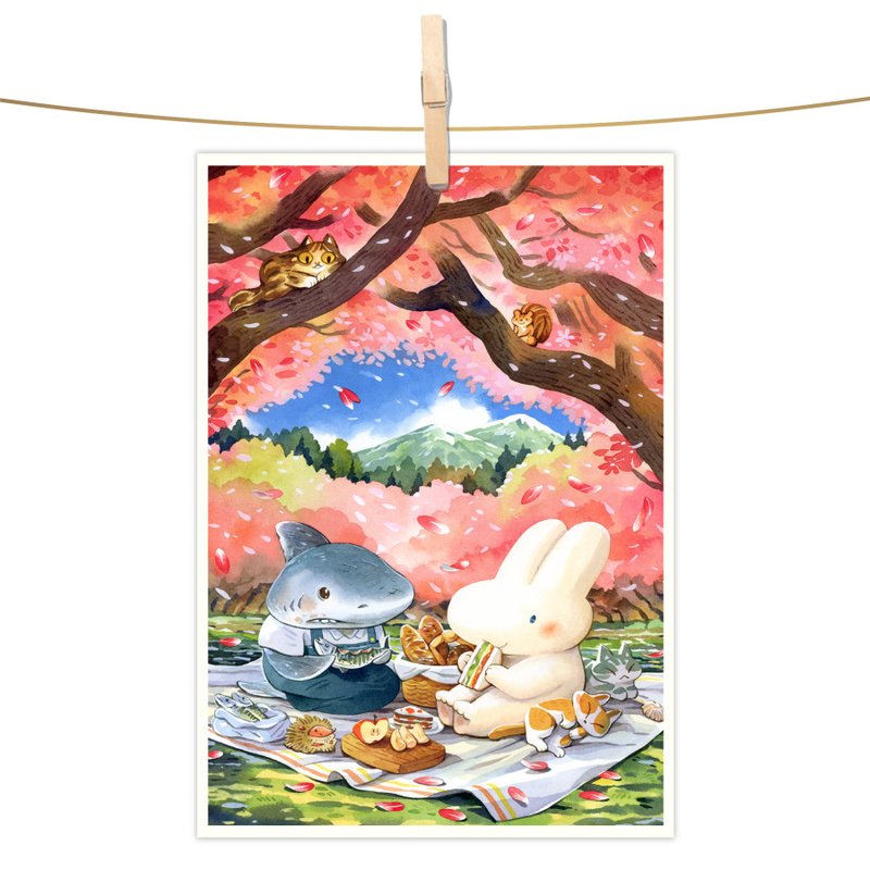 afu watercolor illustration postcard-under the cherry blossom tree - การ์ด/โปสการ์ด - กระดาษ หลากหลายสี